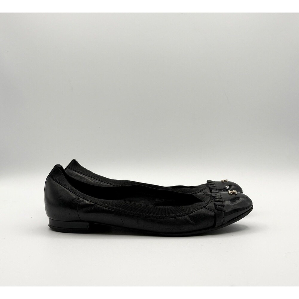 Chanel Black Ballet Flats Patent Leather Cap Toe CC Logo Ruffle Accent EU 35.5 - Picture 3 of 13